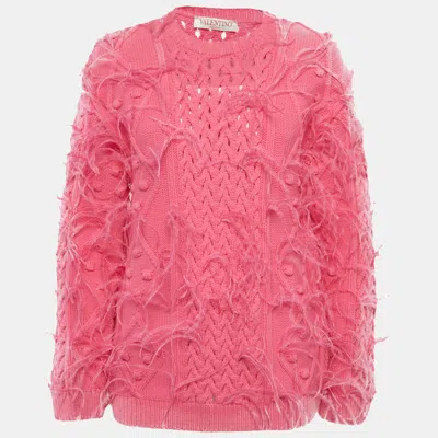 Pre-owned Valentino Pink Open Knit Wool Feather Trim Sweater M