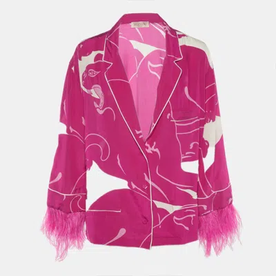 Pre-owned Valentino Pink Panther Print Silk Crêpe De Chine Blouse L