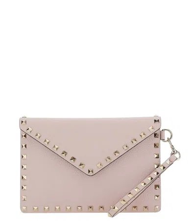 Valentino Garavani Valentino Rockstud Grained-leather Clutch Bag In Brown