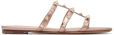 Valentino Garavani 5mm Rockstud Metallic Leather Flat Slide Sandals In Pink