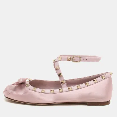 Pre-owned Valentino Garavani Pink Satin And Rockstud Ankle Strap Ballet Flats Size 36.5