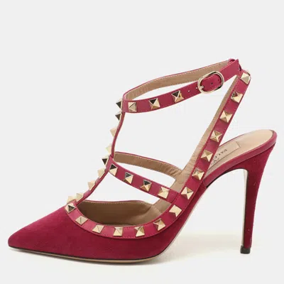 Pre-owned Valentino Garavani Pink Suede Rockstud Ankle Strap Pumps Size 37