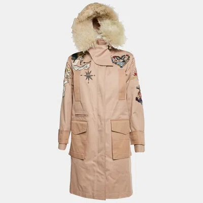 Pre-owned Valentino Pink Tattoo Bead Embroidered Cotton Gabardine Fur Trim Parka S