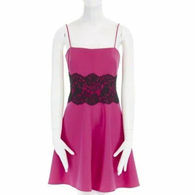 Pre-owned Valentino Pink Wool Blend Black Lace Trimmed Waist Flared Skirt Dress It42 M