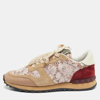 Pre-owned Valentino Garavani Pink/beige Leather And Suede Camouflage Rockrunner Low Top Sneakers Size 37 In Multicolor