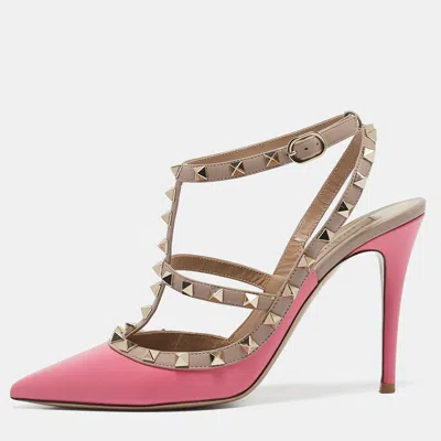 Pre-owned Valentino Garavani Pink/beige Leather Rockstud Ankle Strap Pumps Size 39.5
