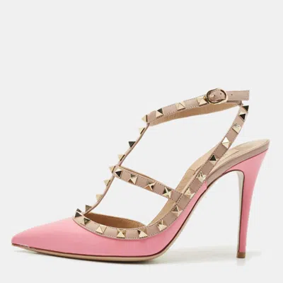 Pre-owned Valentino Garavani Pink/beige Leather Rockstud Caged Pumps Size 40