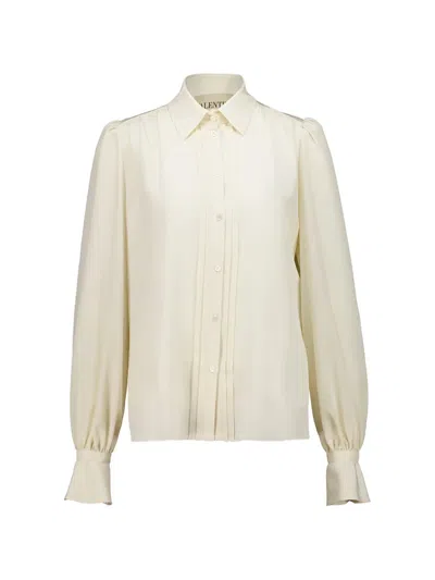 Valentino Pintuck-detail Puff-sleeve Blouse In Neutral