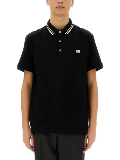 Valentino Cotton Piqué Polo Shirt With V-logo Patch In Black