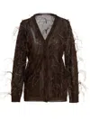Valentino 'feather V-neck Sheer Cardigan With Ribbed Cuffs' In Braun