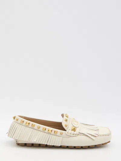 Valentino Garavani Fringed Leather Loafers Metal Rivets In White