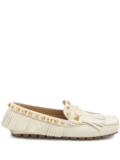 Valentino Garavani Plaster Caster Driver Fringed Studded Textured-leather Loafers In White