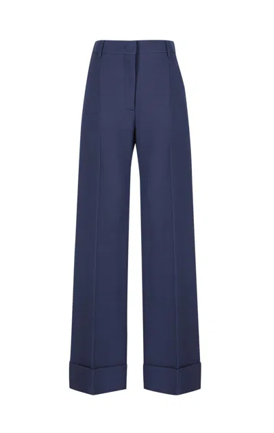 Valentino Wool And Silk Trousers With Wide Leg In Blue
