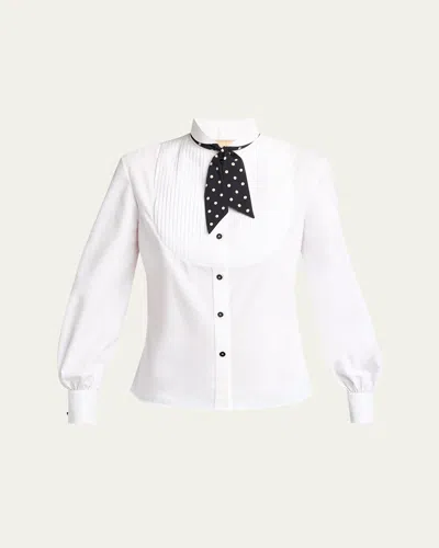 Valentino Pleated Bib Tuxedo Shirt With Polkadot Tie In White