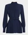 Valentino Pleated Cady Long-sleeve Top With Belt In Indigo