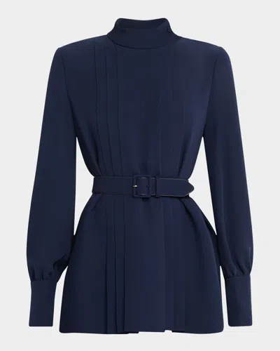 Valentino Pleated Cady Long-sleeve Top With Belt In Indigo