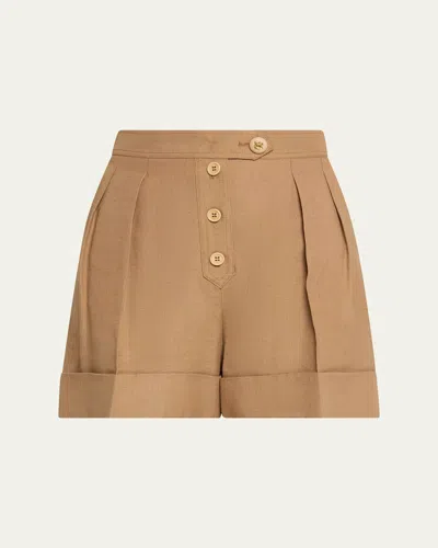 Valentino Pleated Linen Tailored Shorts In Brown