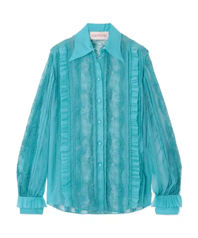 Valentino Pleated Ruffled Bead-embellished Lace-trimmed Silk-organza Shirt In Multi