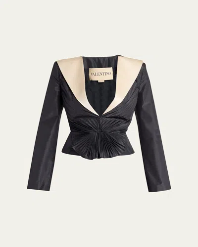 Valentino Pleated Silk Taffeta Strong-shoulder Jacket In Black