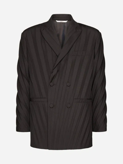 Valentino Plissé Double Breasted Jacket In Ebony