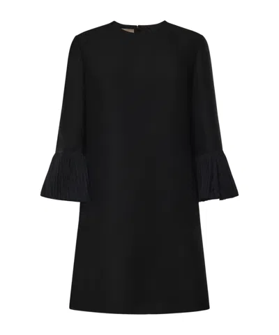 Valentino Pleated-cuff Shift Mini Dress In Black