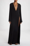VALENTINO PLUNGE NECK LONG SLEEVE SILK CREPE GOWN