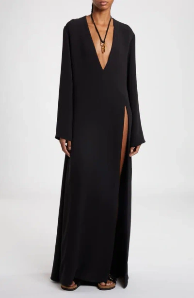 Valentino Plunge Neck Long Sleeve Silk Crepe Gown In Nero