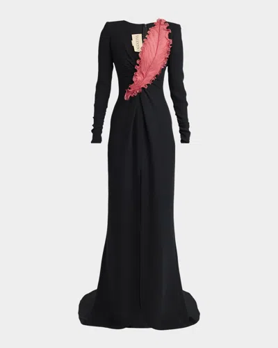 Valentino Plunging Embroidered Crepe Long-sleeve Slit Gown In Black