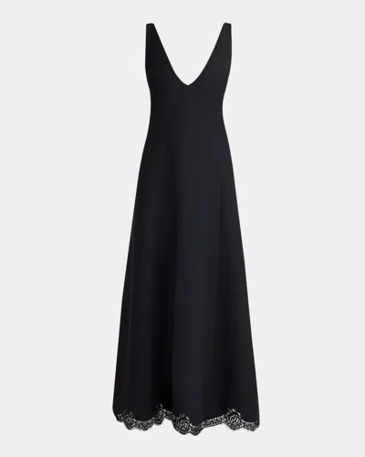 Valentino Plunging Lace Scalloped Ankle Dress In Black