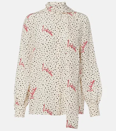Valentino Pussy-bow Polka-dot Silk Crepe De Chine Blouse In Neutral