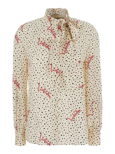 Valentino Plus Of Pois Polka-dot Silk Scarf-collar Casual Shirt For Women In White
