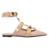 Valentino Pointed Toe Ballerinas With Roman Stud Rivets And Ankle Strap In Neutral