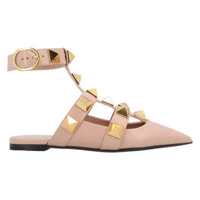 Valentino Garavani Valentino Pointed Toe Ballerinas With Roman Stud Rivets And Ankle Strap In Neutral