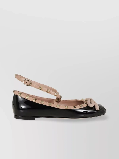 Valentino Garavani Pointed-toe Patent Ballet Flats With Bow And Stud Embellishments In Black