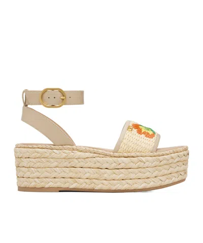 VALENTINO GARAVANI POLISHED LEATHER AND WOVEN RAFFIA PLATFORM SANDALS