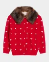 Valentino Polka-dot Bow Cardigan With Sheep Shearling Collar In Red