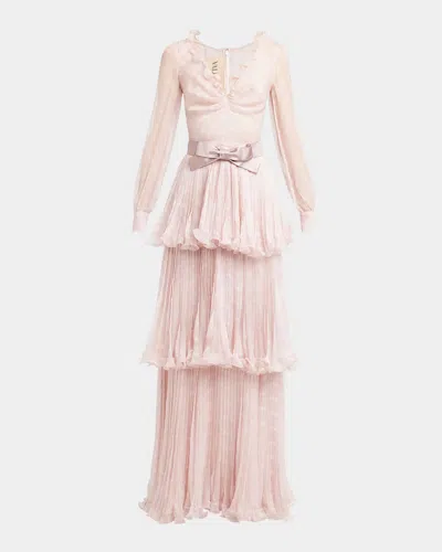 Valentino Polka-dot Chiffon Tiered Ruffle Gown In Pink