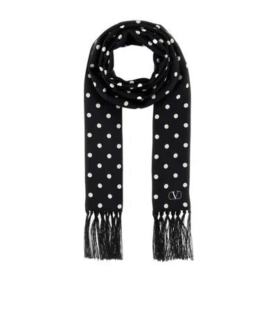 Valentino Polka Dot Fringed Scarf In Black