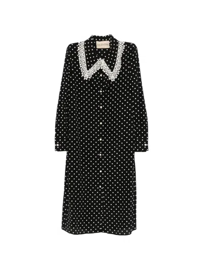 Valentino Lace-trimmed Polka-dot Printed Silk Crepe De Chine Midi Dress In Black