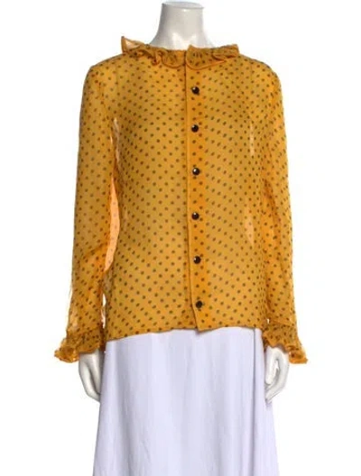 Pre-owned Valentino Polka Dot Print Mock Neck Blouse In Yellow