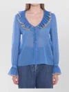Valentino Georgette Micro Pois Shirt With Ruffled Collar In Blue