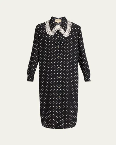 Valentino Polka-dot Silk Lace-collar Midi Shirtdress In Black