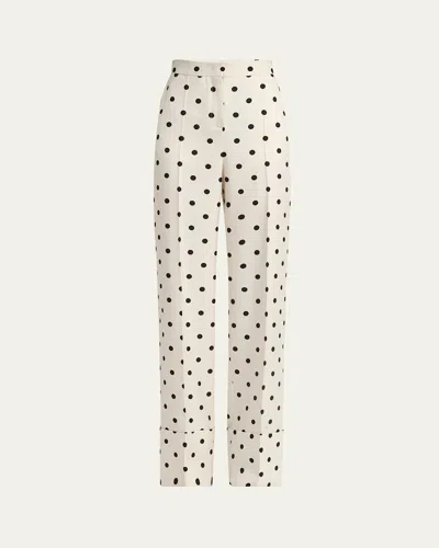 Valentino Polka Dot Straight Leg Silk Trousers In Betulla/nero