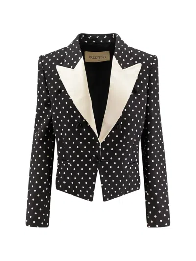 Valentino Polka Dot Cropped Blazer Silk Lapel In Black