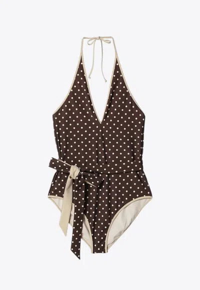 Valentino Polka Dots Halterneck One-piece Swimsuit In Brown