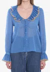 Valentino Georgette Micro Pois Shirt With Ruffled Collar In Blue