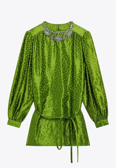 Valentino Polka Dots Silk Blend Jacquard Mini Dress In Green
