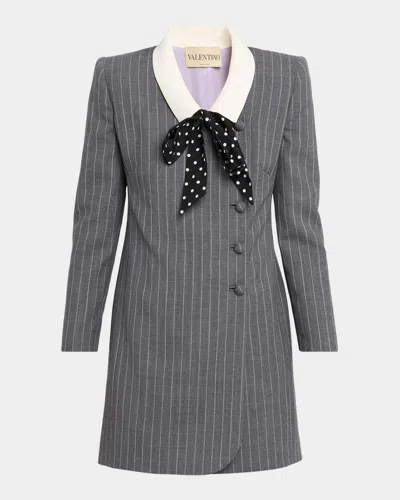 Valentino Polka-dot Bow Pinstripe Wool Blazer Mini Dress In Grigio Scu