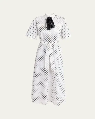 Valentino Polkadot-print Cotton Neck-scarf Midi Shirtdress In Black