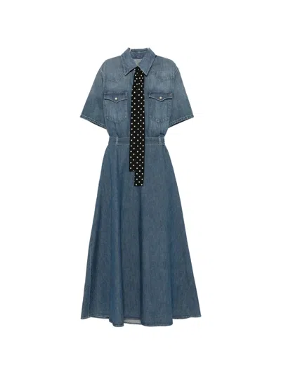 Valentino Polka-dot-tie Denim Midi Dress In Animal Print